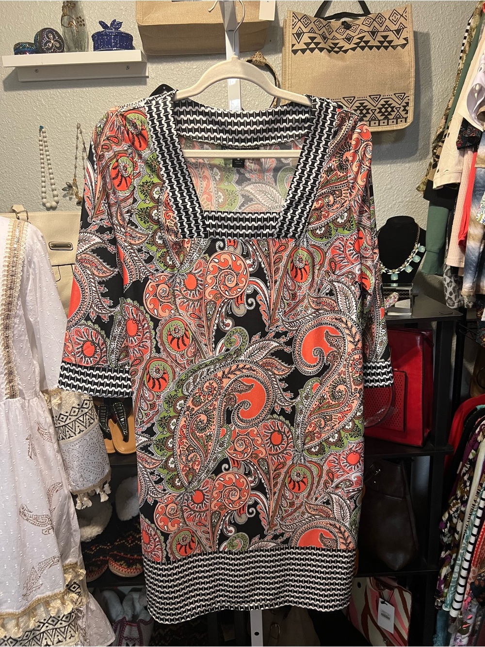Danillo Boutique Square-Neck Paisley Midi Dress in Black with Coral and Green